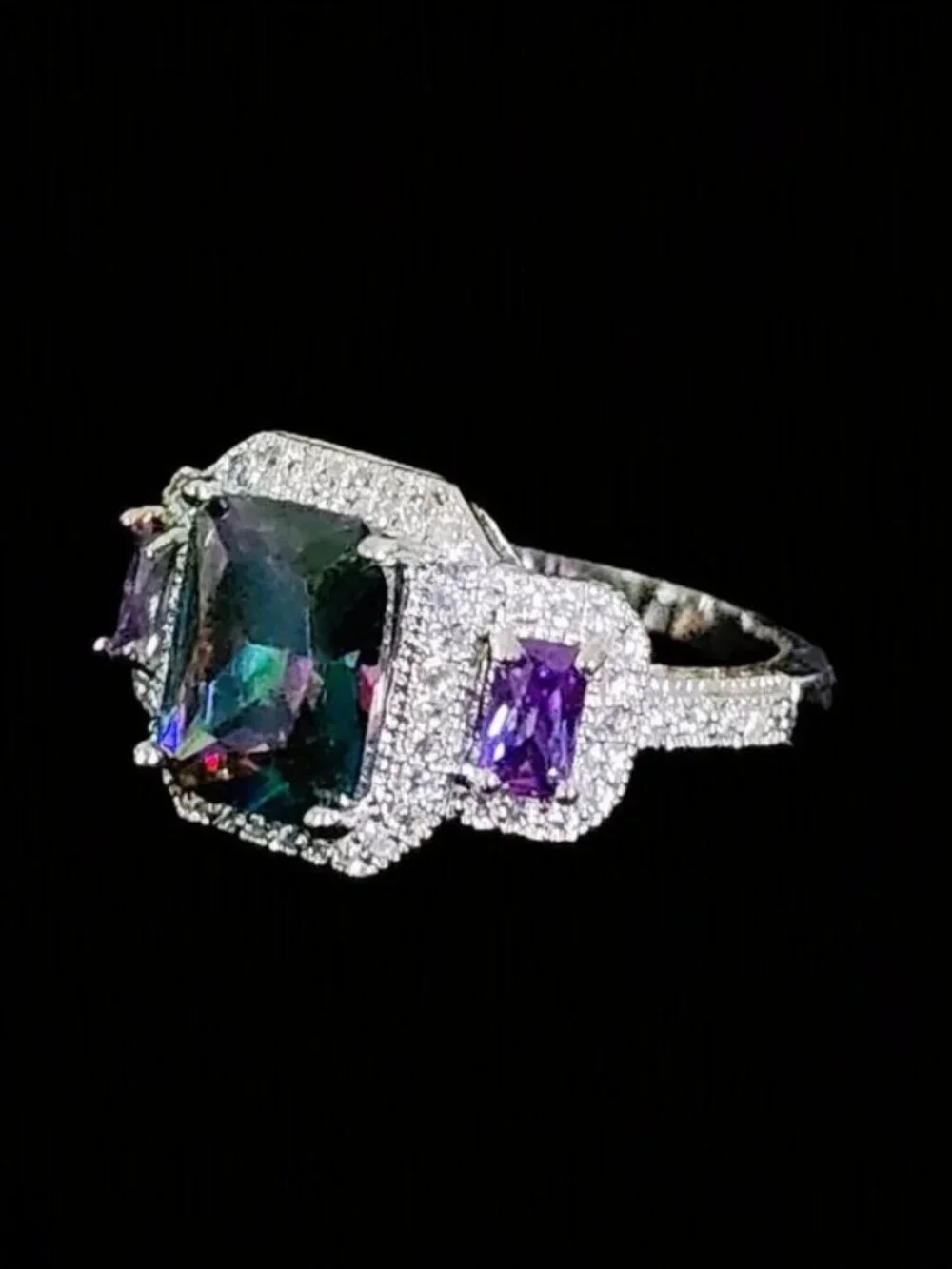 Vintage Y2K 925 Sterling Silver Mystic Topaz & CZ Halo Three-Stone Ring Sz 7.75